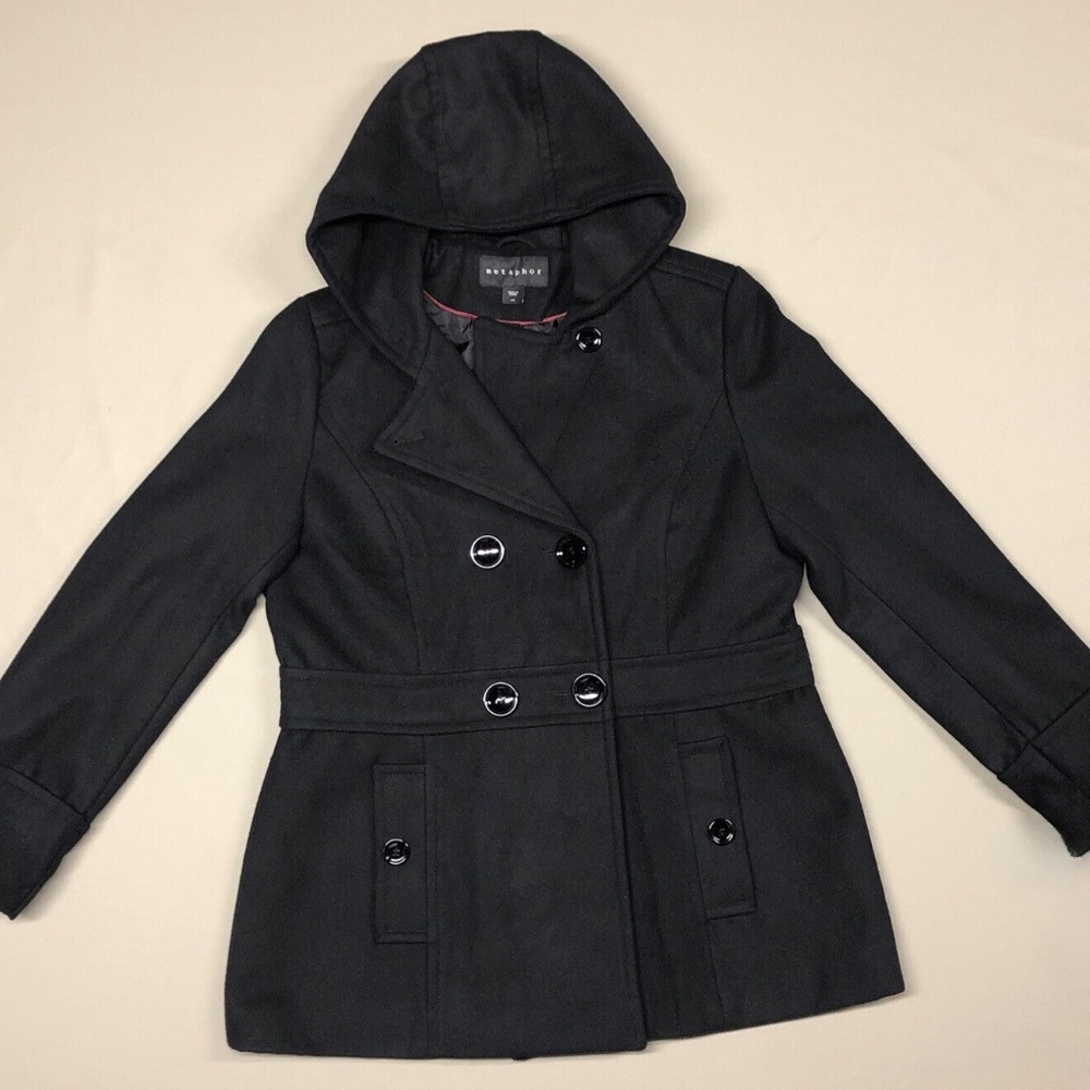 Metaphor Women’s Double Breasted Pea Coat With Hood (Large)